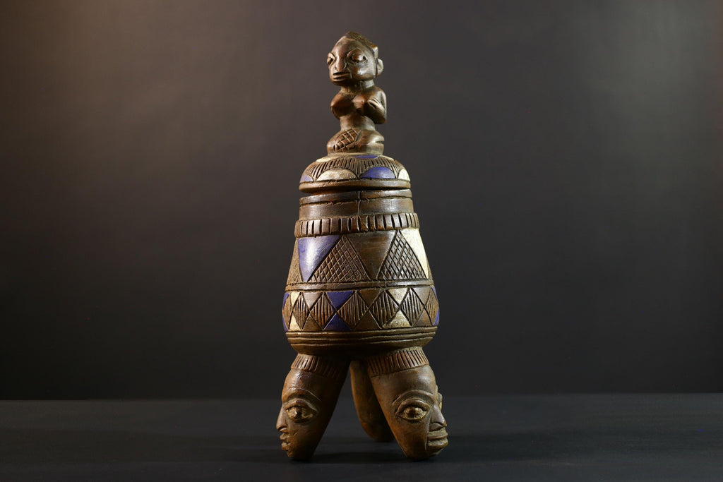 African Luba divination vessel,Tribal carved ritual container,Congo spirit figure jar,Wooden sacred storage art-G5358