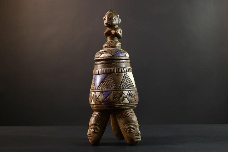 African Luba divination vessel,Tribal carved ritual container,Congo spirit figure jar,Wooden sacred storage art-G5358
