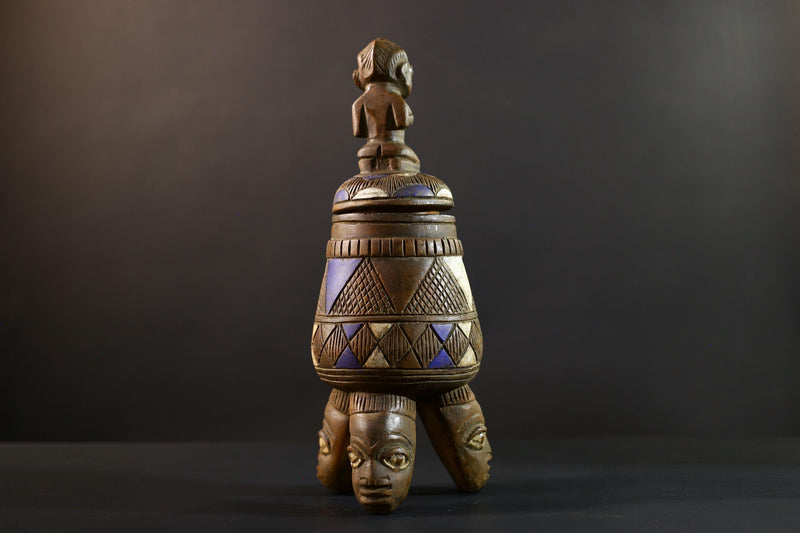 African Luba divination vessel,Tribal carved ritual container,Congo spirit figure jar,Wooden sacred storage art-G5358