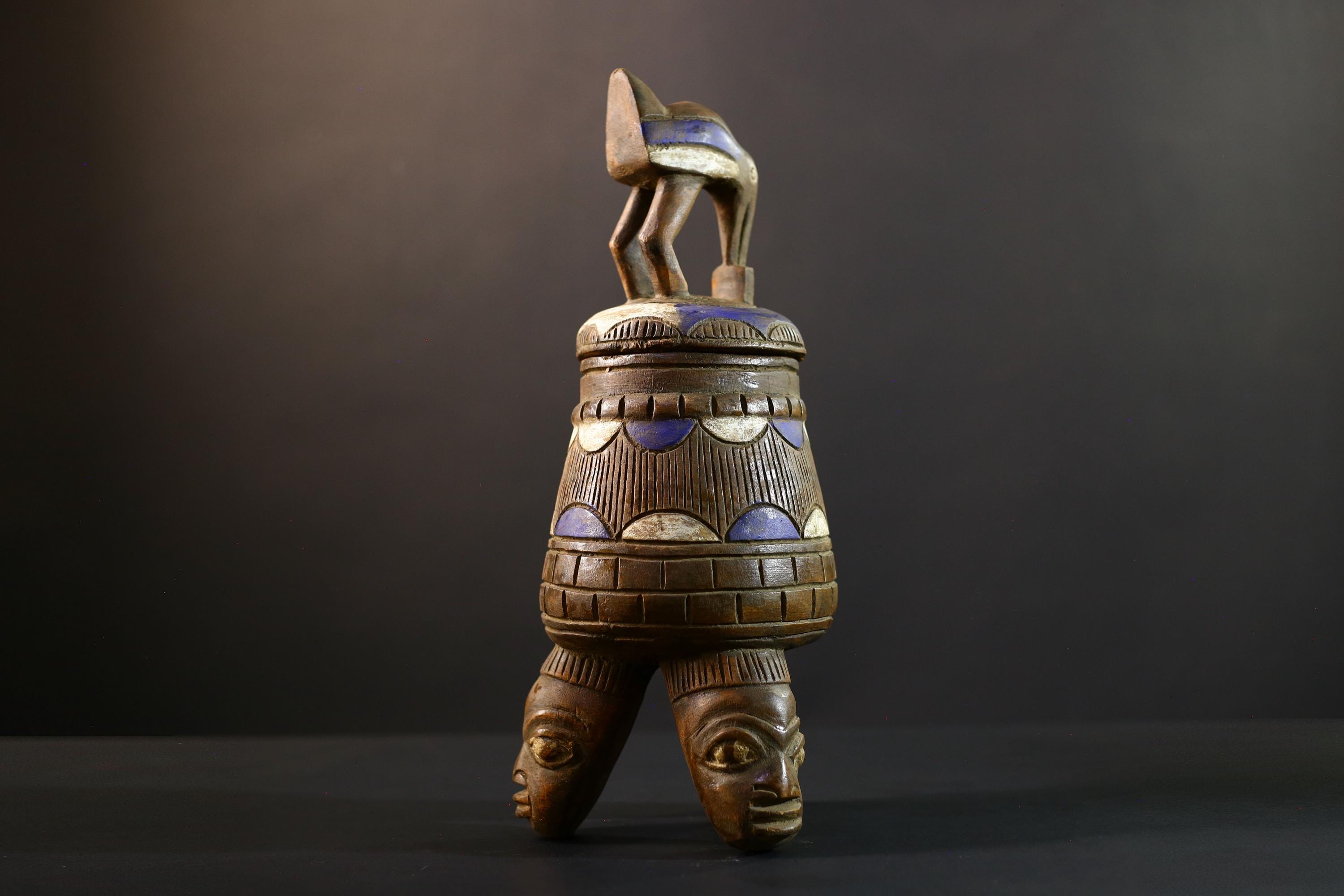African Luba divination vessel,Tribal carved ritual container,Congo spirit figure jar,Wooden sacred storage art-G5357