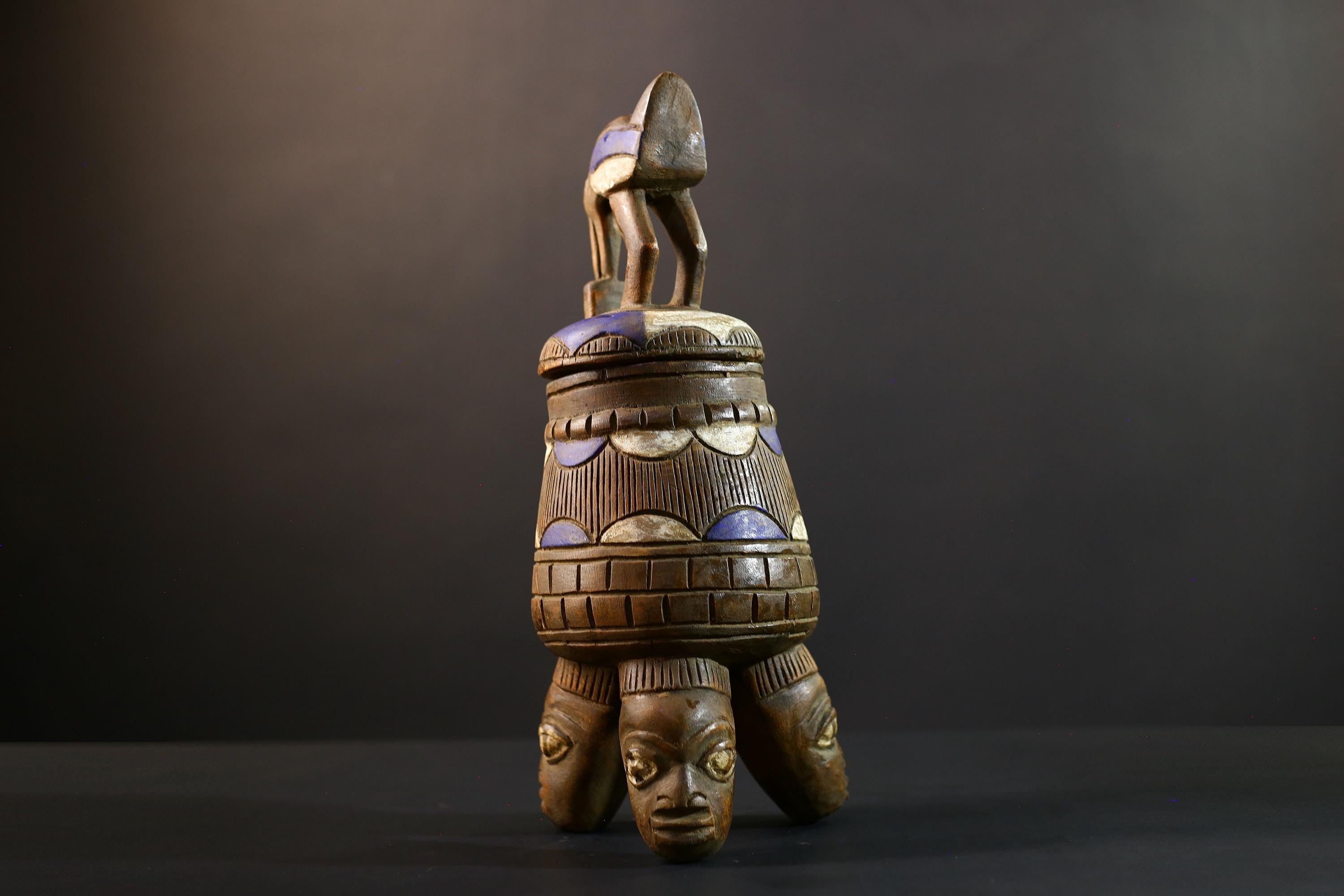 African Luba divination vessel,Tribal carved ritual container,Congo spirit figure jar,Wooden sacred storage art-G5357