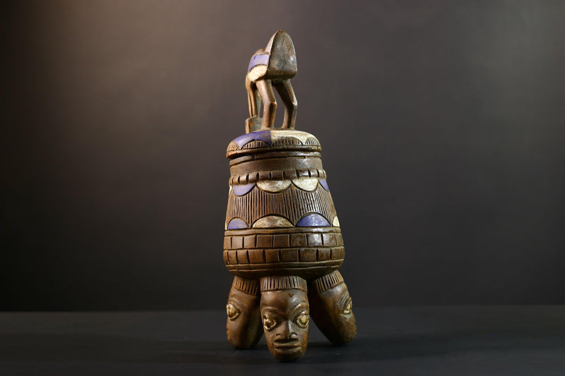 African Luba divination vessel,Tribal carved ritual container,Congo spirit figure jar,Wooden sacred storage art-G5357
