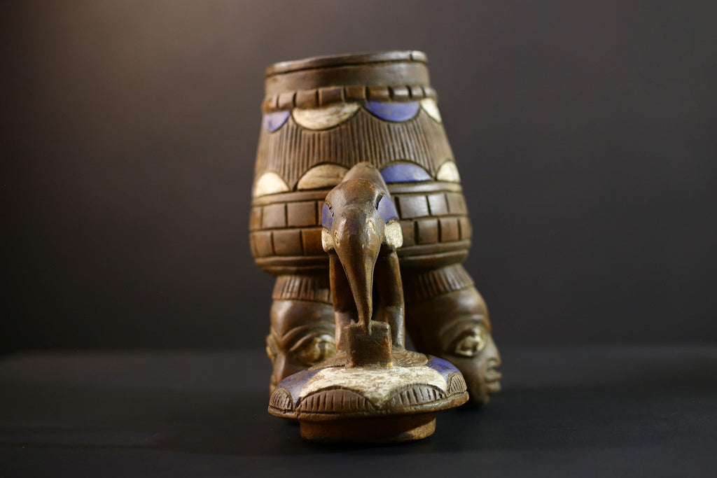 African Luba divination vessel,Tribal carved ritual container,Congo spirit figure jar,Wooden sacred storage art-G5357
