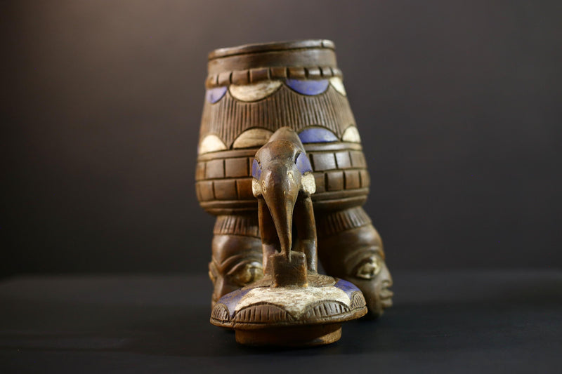 African Luba divination vessel,Tribal carved ritual container,Congo spirit figure jar,Wooden sacred storage art-G5357