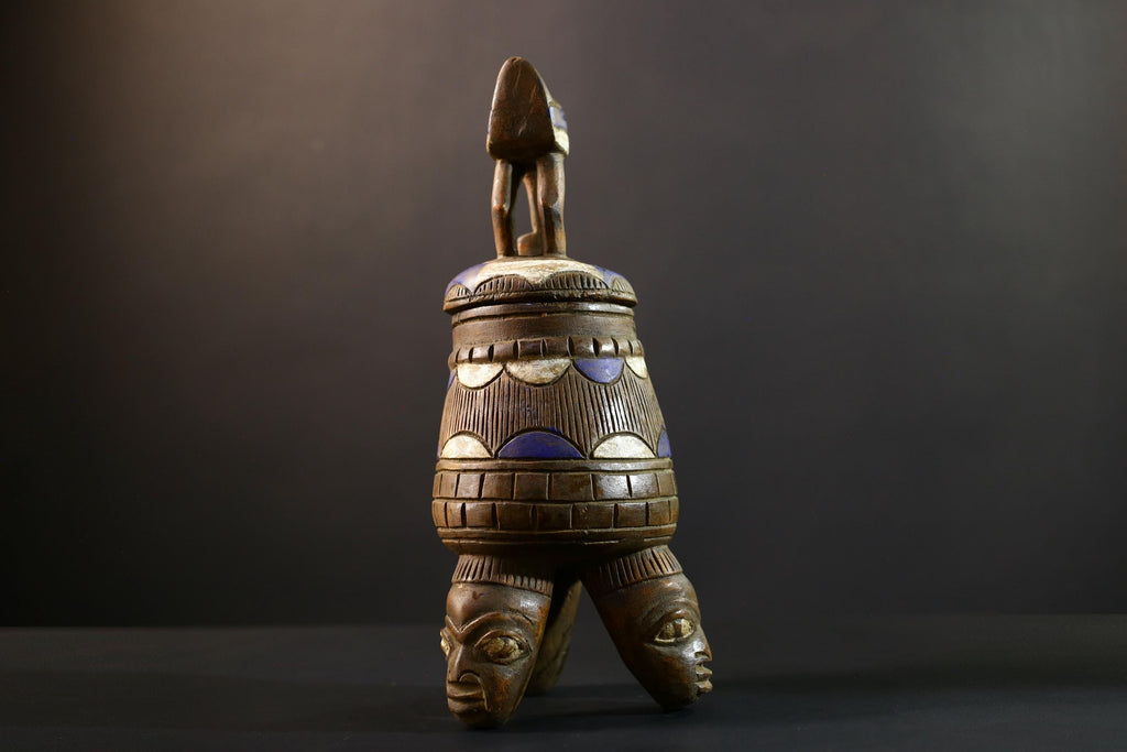 African Luba divination vessel,Tribal carved ritual container,Congo spirit figure jar,Wooden sacred storage art-G5357