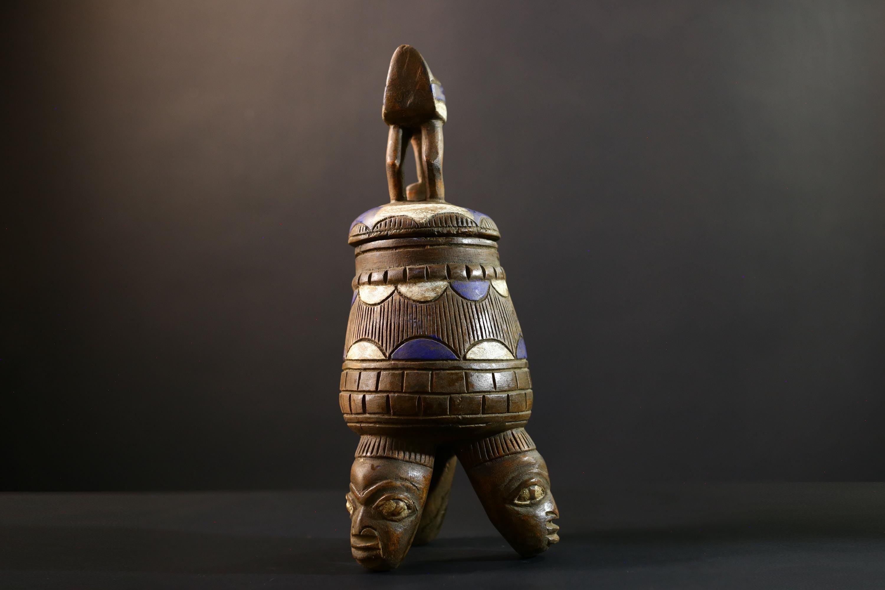 African Luba divination vessel,Tribal carved ritual container,Congo spirit figure jar,Wooden sacred storage art-G5357