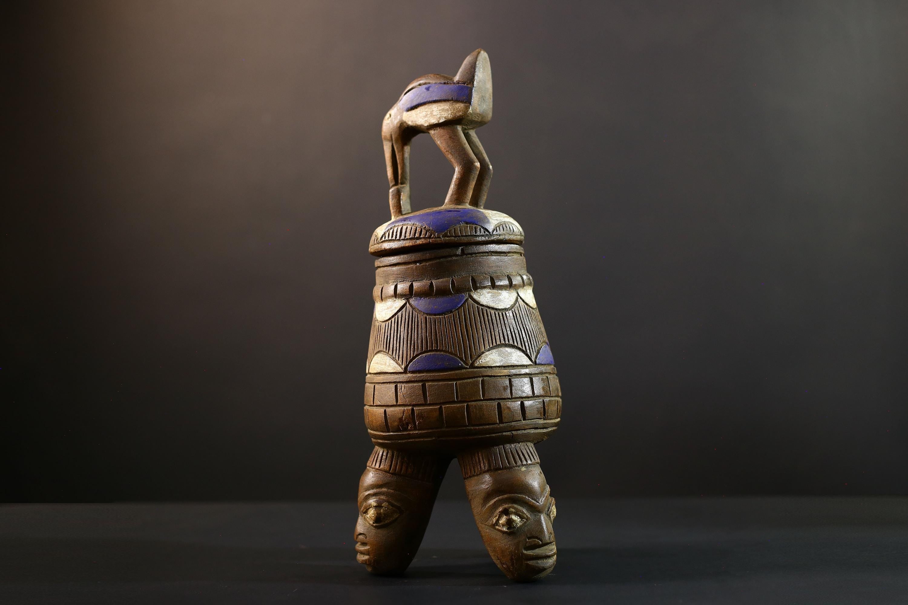 African Luba divination vessel,Tribal carved ritual container,Congo spirit figure jar,Wooden sacred storage art-G5357