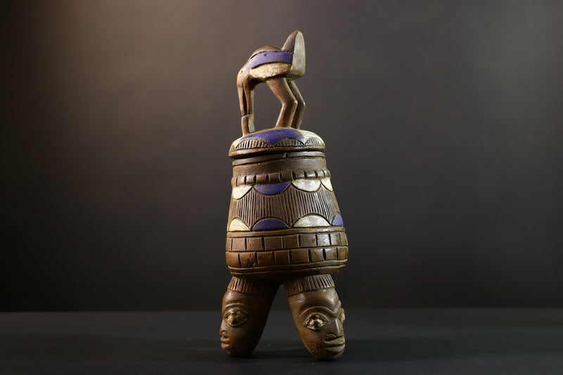 African Luba divination vessel,Tribal carved ritual container,Congo spirit figure jar,Wooden sacred storage art-G5357