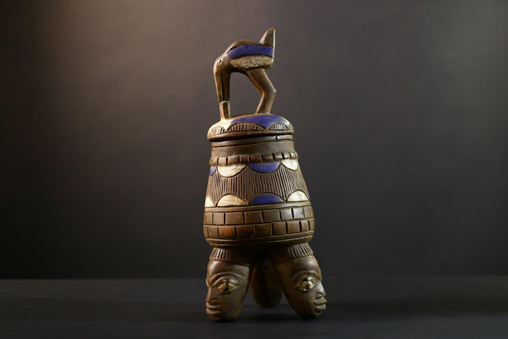 African Luba divination vessel,Tribal carved ritual container,Congo spirit figure jar,Wooden sacred storage art-G5357