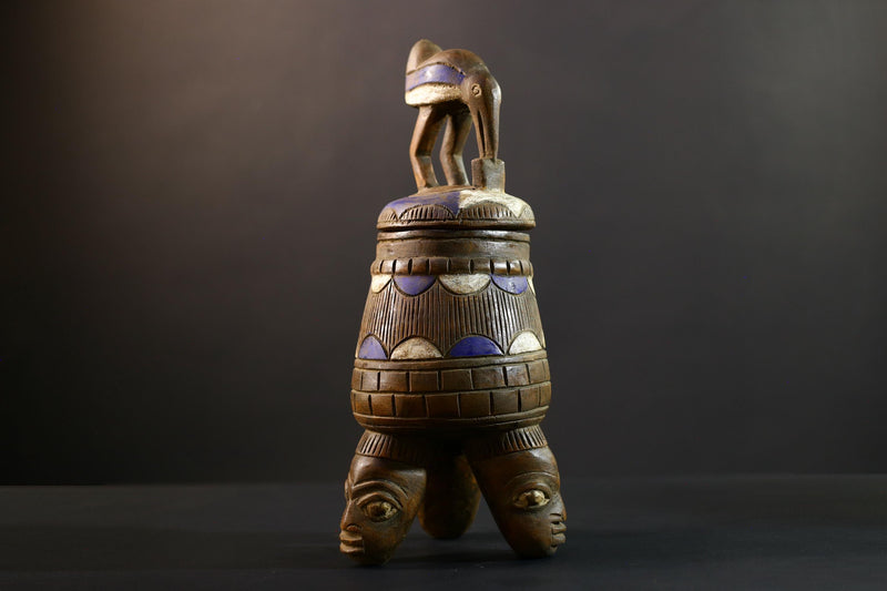 African Luba divination vessel,Tribal carved ritual container,Congo spirit figure jar,Wooden sacred storage art-G5357