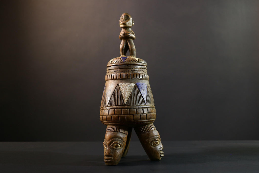 African Luba divination vessel,Tribal carved ritual container,Congo spirit figure jar,Wooden sacred storage art-G5356