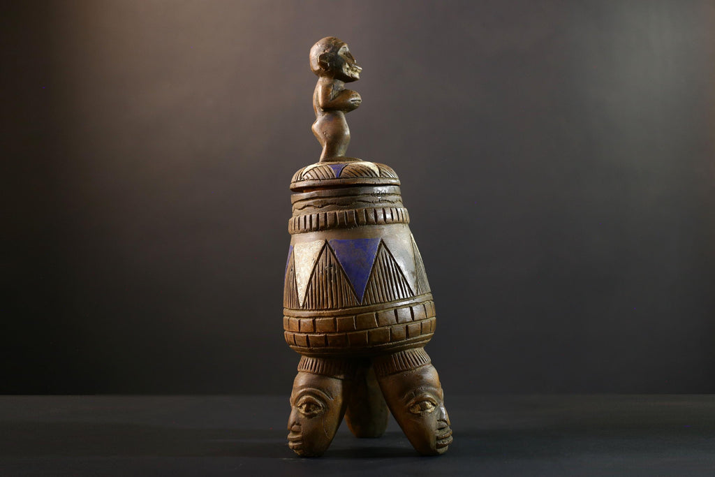 African Luba divination vessel,Tribal carved ritual container,Congo spirit figure jar,Wooden sacred storage art-G5356