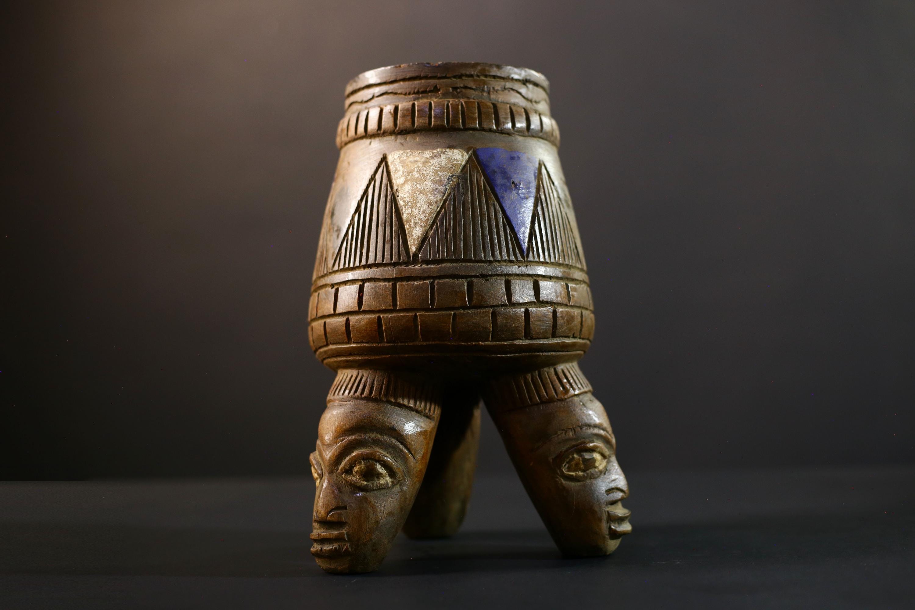 African Luba divination vessel,Tribal carved ritual container,Congo spirit figure jar,Wooden sacred storage art-G5356