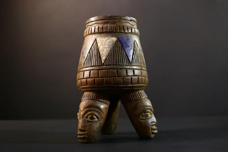 African Luba divination vessel,Tribal carved ritual container,Congo spirit figure jar,Wooden sacred storage art-G5356