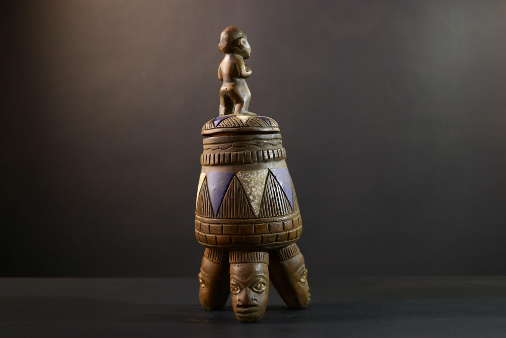 African Luba divination vessel,Tribal carved ritual container,Congo spirit figure jar,Wooden sacred storage art-G5356