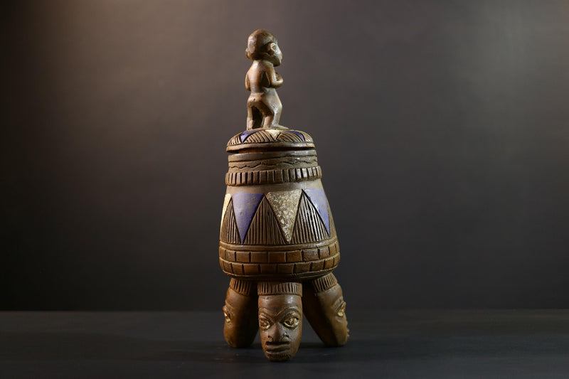 African Luba divination vessel,Tribal carved ritual container,Congo spirit figure jar,Wooden sacred storage art-G5356
