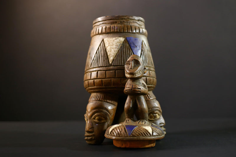 African Luba divination vessel,Tribal carved ritual container,Congo spirit figure jar,Wooden sacred storage art-G5356