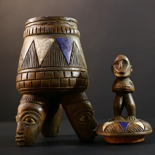 African Luba divination vessel,Tribal carved ritual container,Congo spirit figure jar,Wooden sacred storage art-G5356