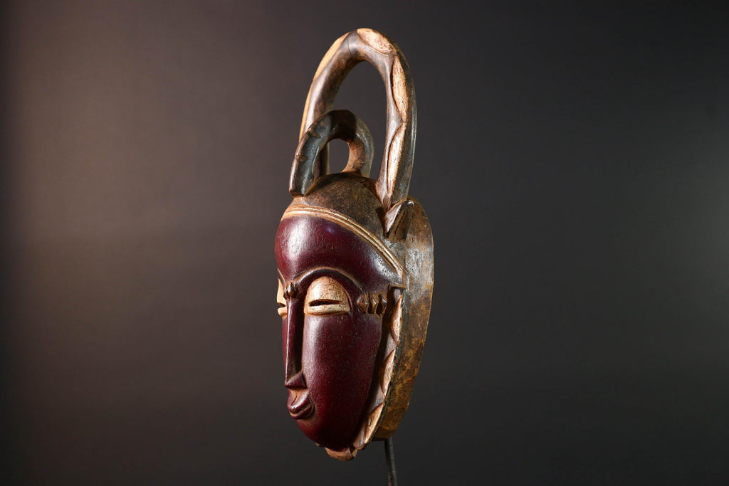 African Baule mask wall hanging tribal decor wood sculpture with horns ethnic face art ivory coast wall piece spiritual carving G5487