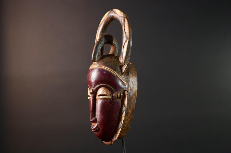 African Baule mask wall hanging tribal decor wood sculpture with horns ethnic face art ivory coast wall piece spiritual carving G5487