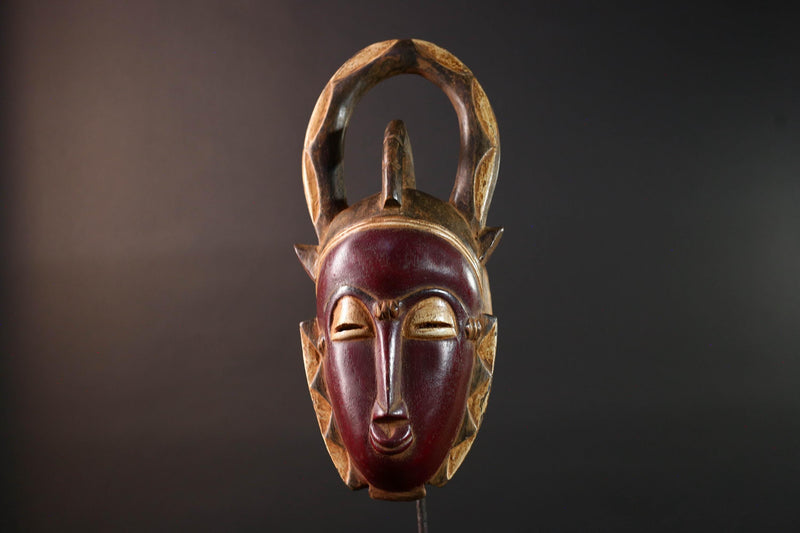African Baule mask wall hanging tribal decor wood sculpture with horns ethnic face art ivory coast wall piece spiritual carving G5487