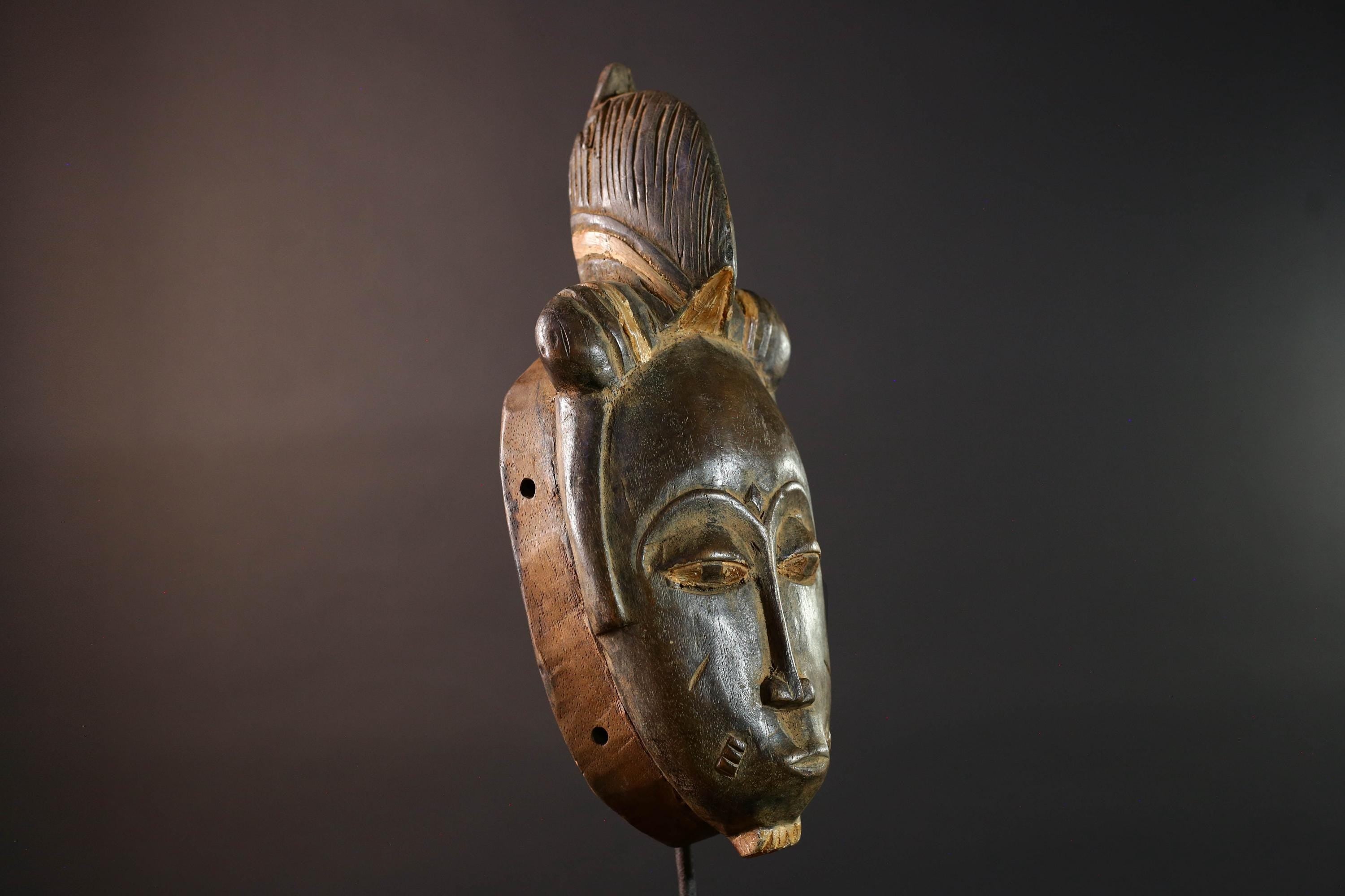African Baule mask tribal face wall art scarification carving spiritual home decor ivory coast handmade wood sculpture ancestral piece G5491