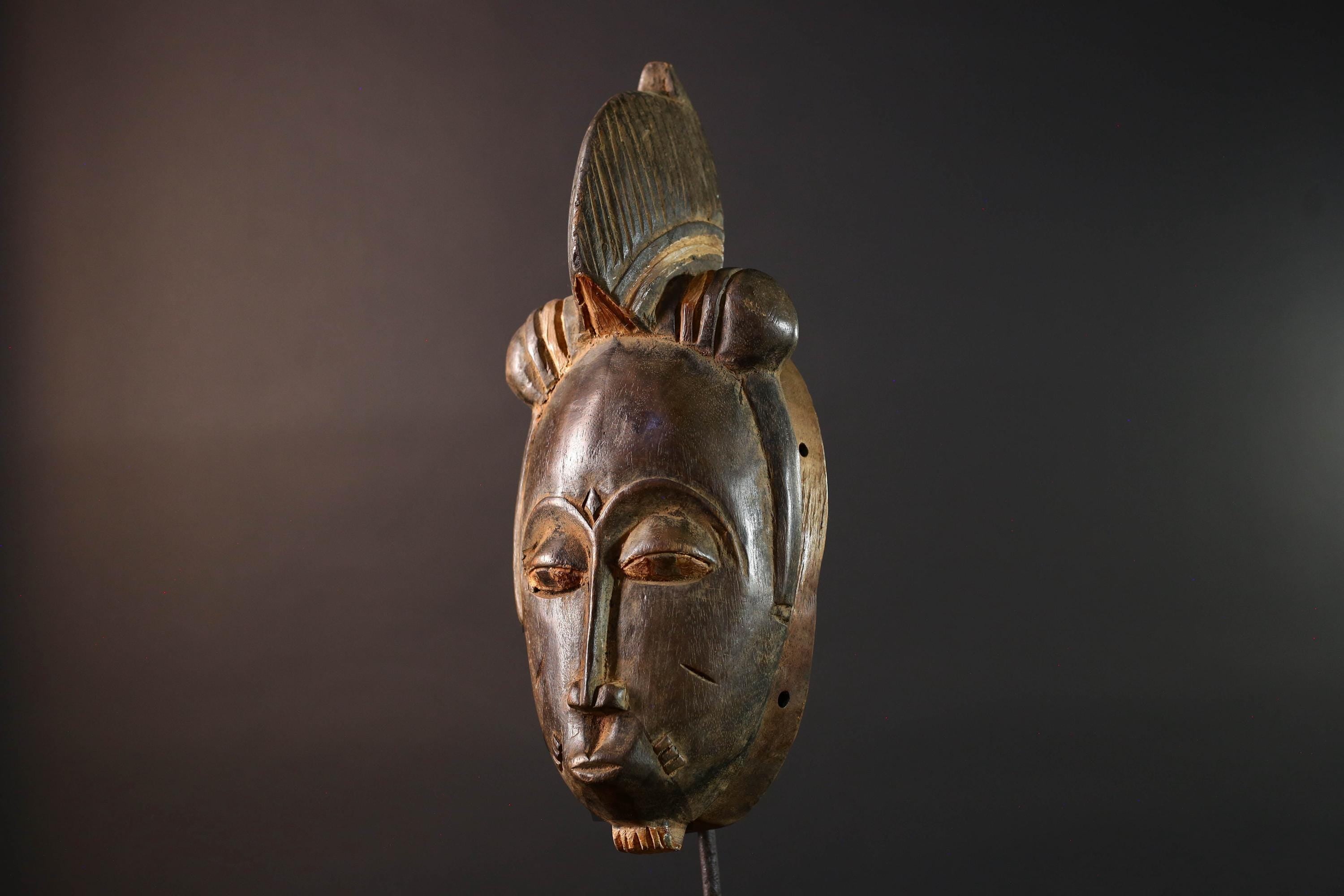 African Baule mask tribal face wall art scarification carving spiritual home decor ivory coast handmade wood sculpture ancestral piece G5491