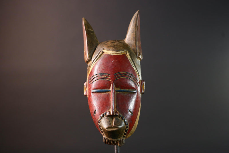 African Guro mask red face tribal wall sculpture with animal ears ivory coast handmade wood art ethnic decor carving for collectors G5492