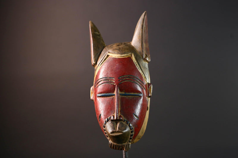 African Guro mask red face tribal wall sculpture with animal ears ivory coast handmade wood art ethnic decor carving for collectors G5492