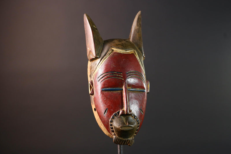 African Guro mask red face tribal wall sculpture with animal ears ivory coast handmade wood art ethnic decor carving for collectors G5492