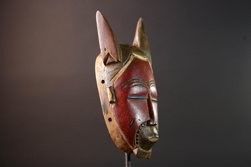 African Guro mask red face tribal wall sculpture with animal ears ivory coast handmade wood art ethnic decor carving for collectors G5492