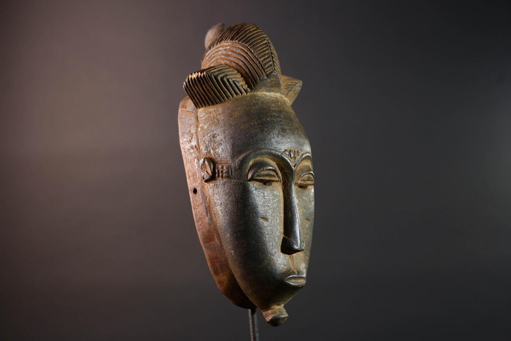 African Baule mask narrow face tribal portrait wall decor ivory coast wood sculpture crest handmade spirit carving ethnic home art G5493