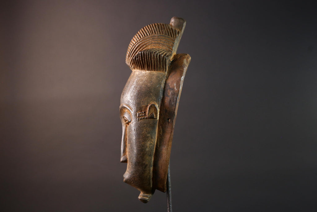 African Baule mask narrow face tribal portrait wall decor ivory coast wood sculpture crest handmade spirit carving ethnic home art G5493