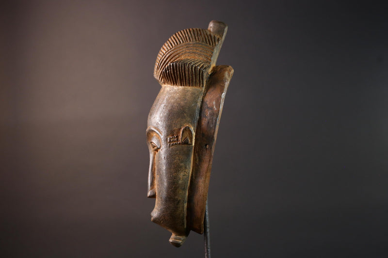 African Baule mask narrow face tribal portrait wall decor ivory coast wood sculpture crest handmade spirit carving ethnic home art G5493