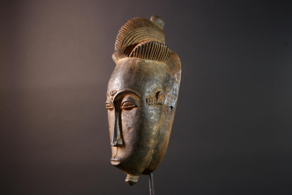 African Baule mask narrow face tribal portrait wall decor ivory coast wood sculpture crest handmade spirit carving ethnic home art G5493