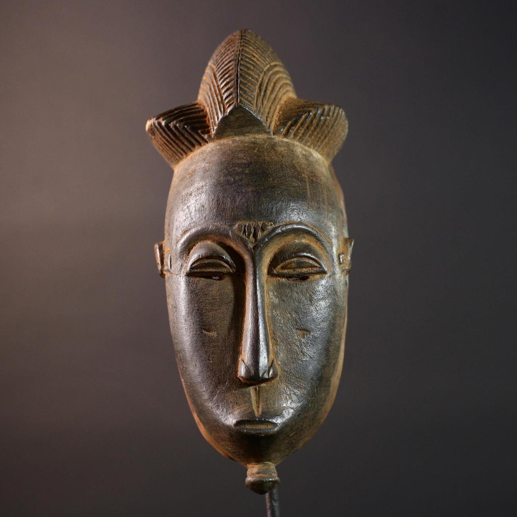 African Baule mask narrow face tribal portrait wall decor ivory coast wood sculpture crest handmade spirit carving ethnic home art G5493