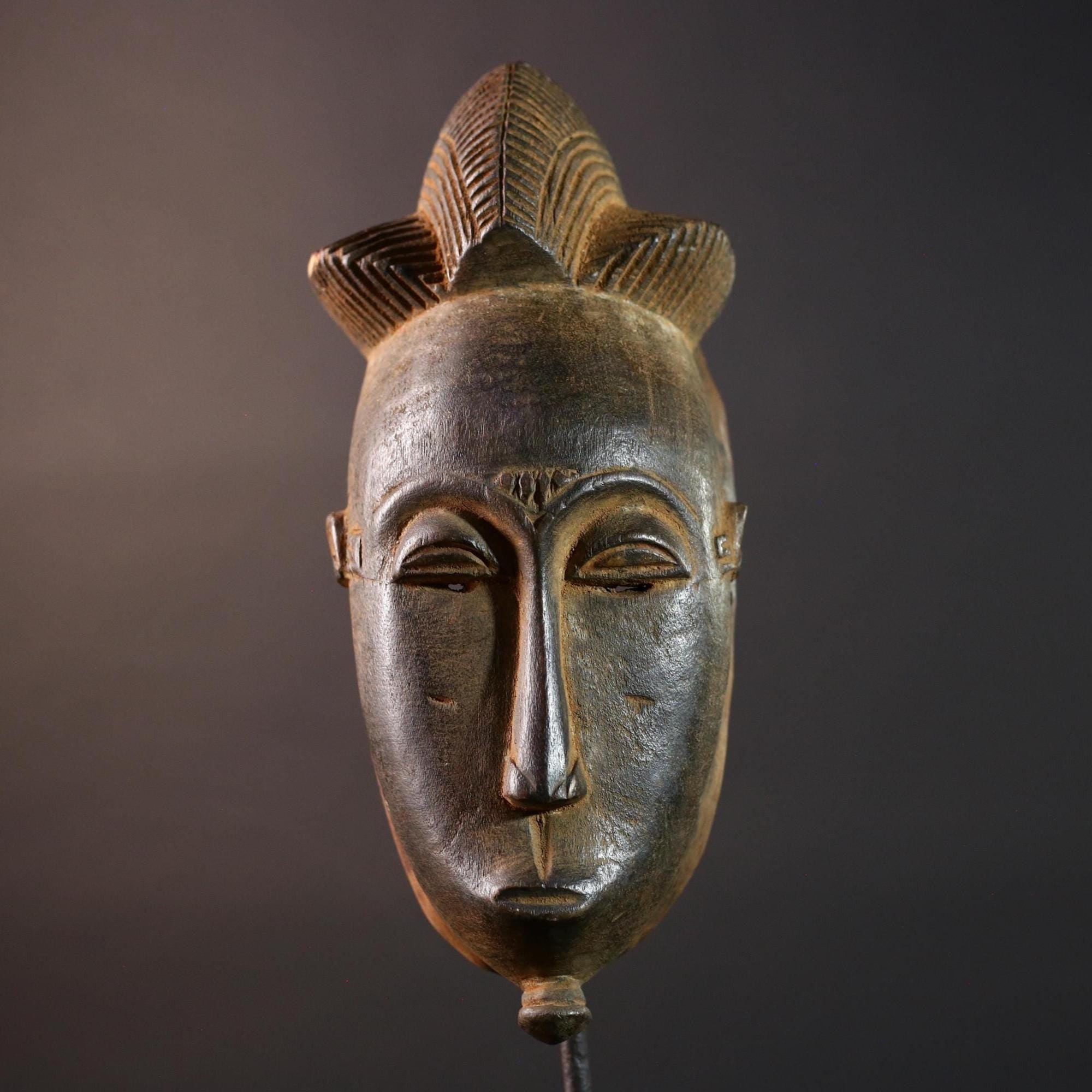 African Baule mask narrow face tribal portrait wall decor ivory coast wood sculpture crest handmade spirit carving ethnic home art G5493