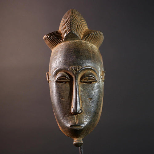 African Baule mask narrow face tribal portrait wall decor ivory coast wood sculpture crest handmade spirit carving ethnic home art G5493