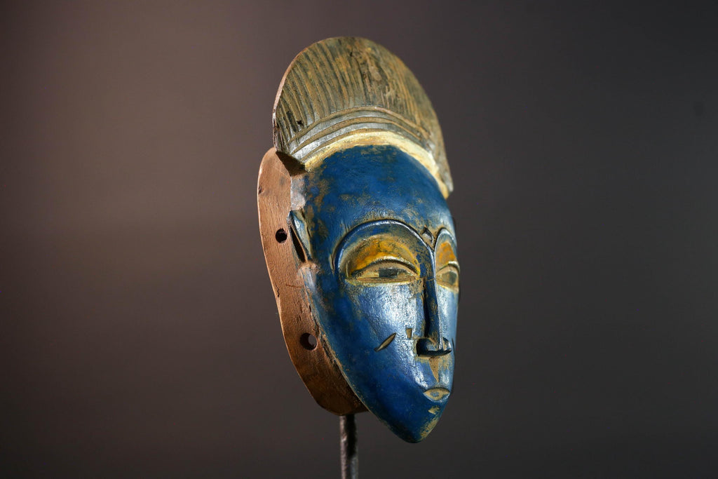 African Baule mask blue face wall art tribal portrait carving ivory coast handmade wood sculpture with crest spiritual decor piece G5494