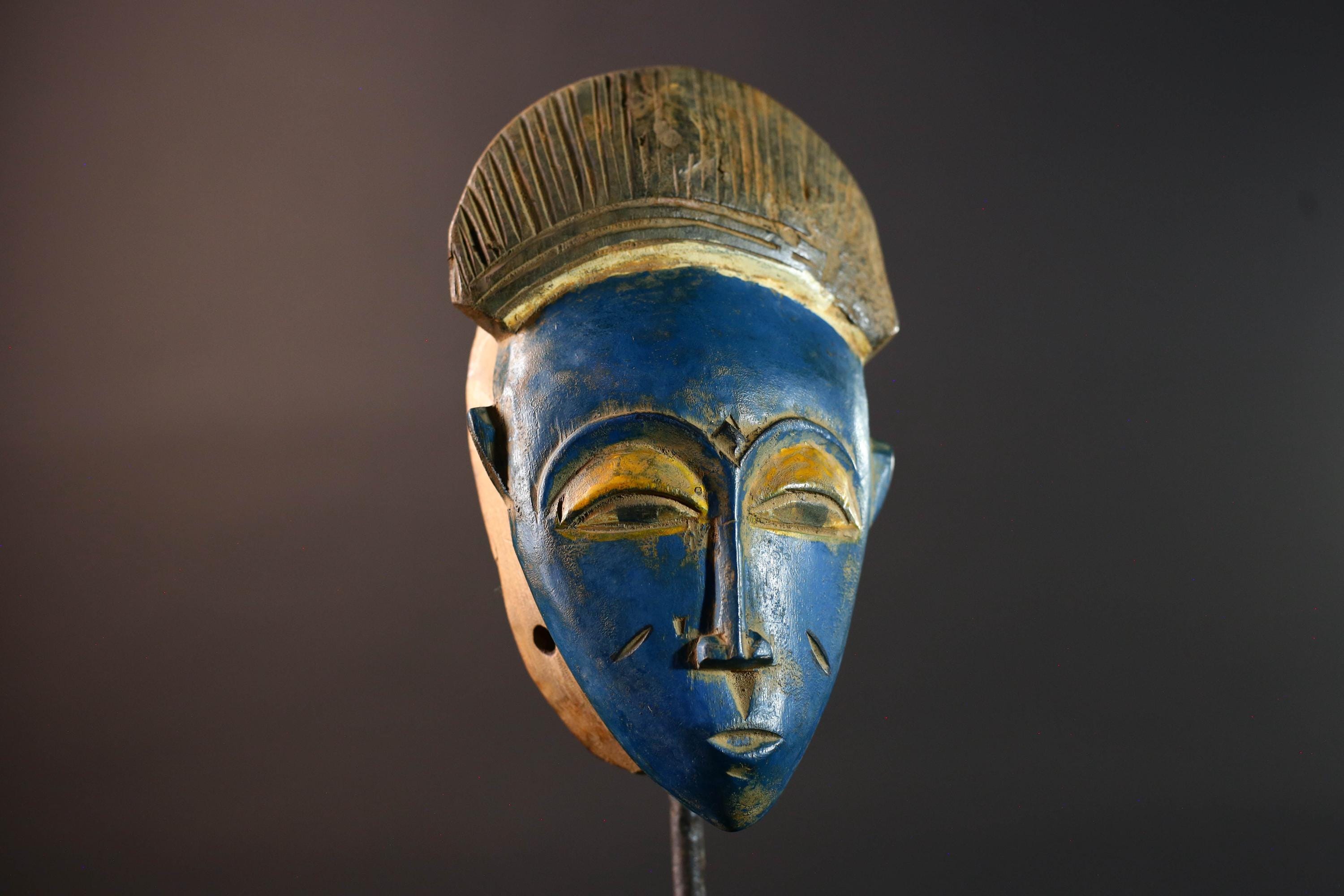 African Baule mask blue face wall art tribal portrait carving ivory coast handmade wood sculpture with crest spiritual decor piece G5494