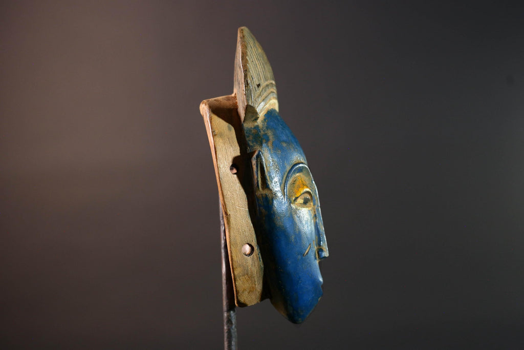 African Baule mask blue face wall art tribal portrait carving ivory coast handmade wood sculpture with crest spiritual decor piece G5494