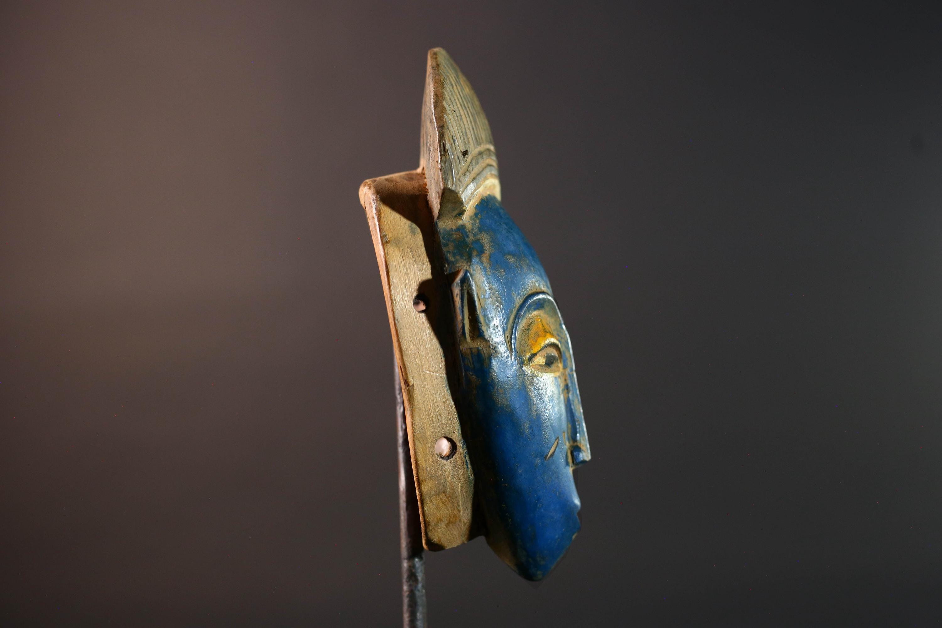 African Baule mask blue face wall art tribal portrait carving ivory coast handmade wood sculpture with crest spiritual decor piece G5494