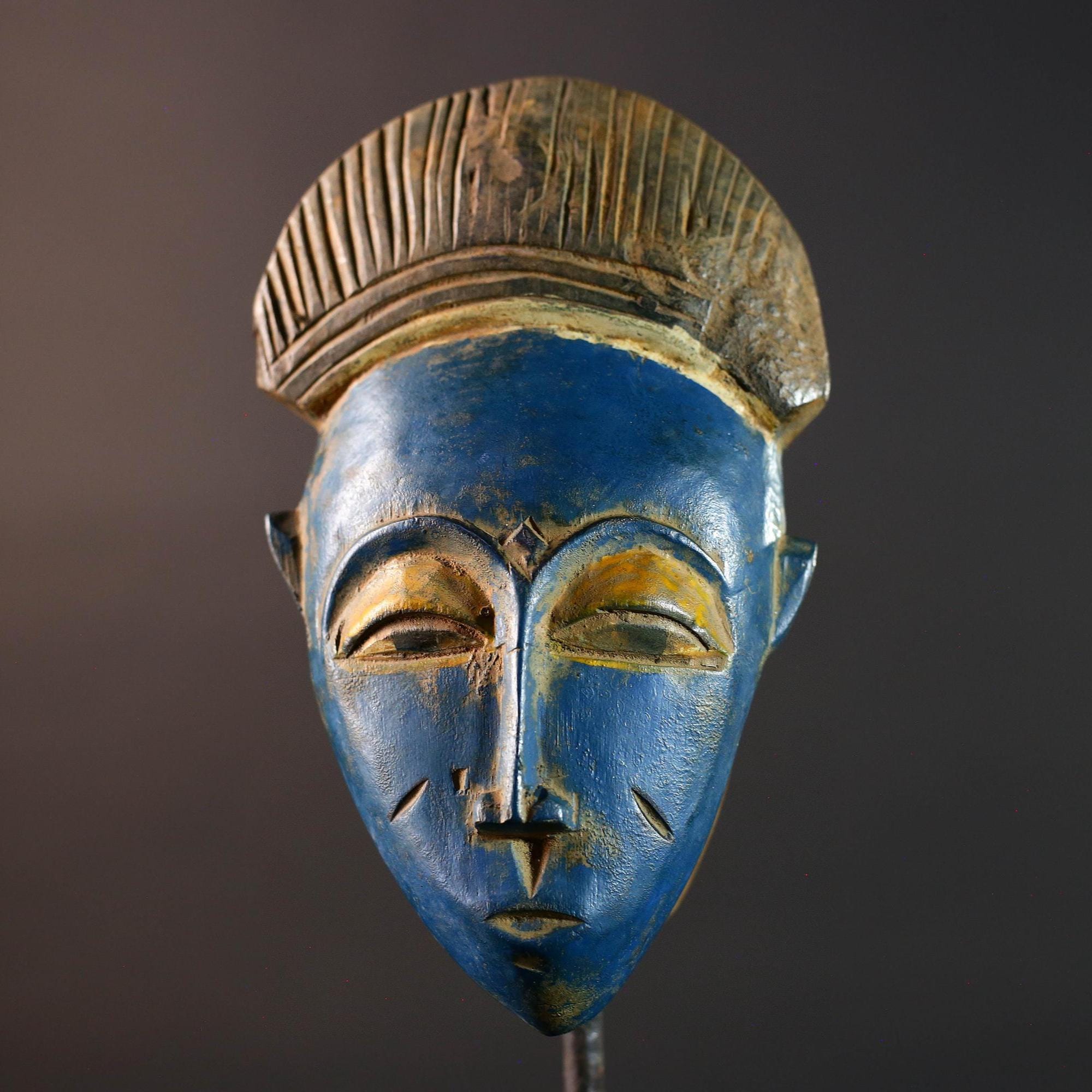 African Baule mask blue face wall art tribal portrait carving ivory coast handmade wood sculpture with crest spiritual decor piece G5494