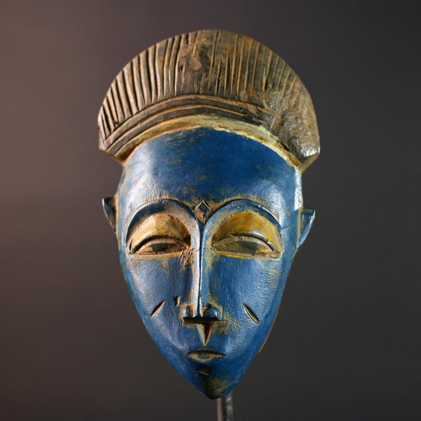 African Baule mask blue face wall art tribal portrait carving ivory coast handmade wood sculpture with crest spiritual decor piece G5494