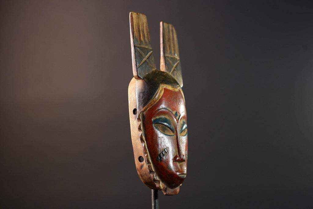 African Guro mask red tribal face wall art with twin handmade wood carving from ivory coast spiritual ethnic decor collector piece G5495