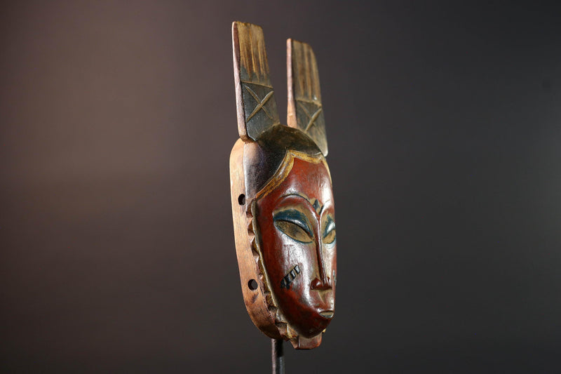 African Guro mask red tribal face wall art with twin handmade wood carving from ivory coast spiritual ethnic decor collector piece G5495