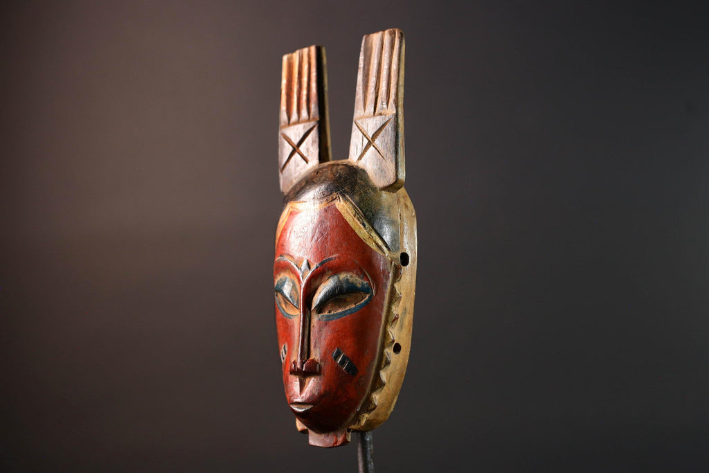 African Guro mask red tribal face wall art with twin handmade wood carving from ivory coast spiritual ethnic decor collector piece G5495