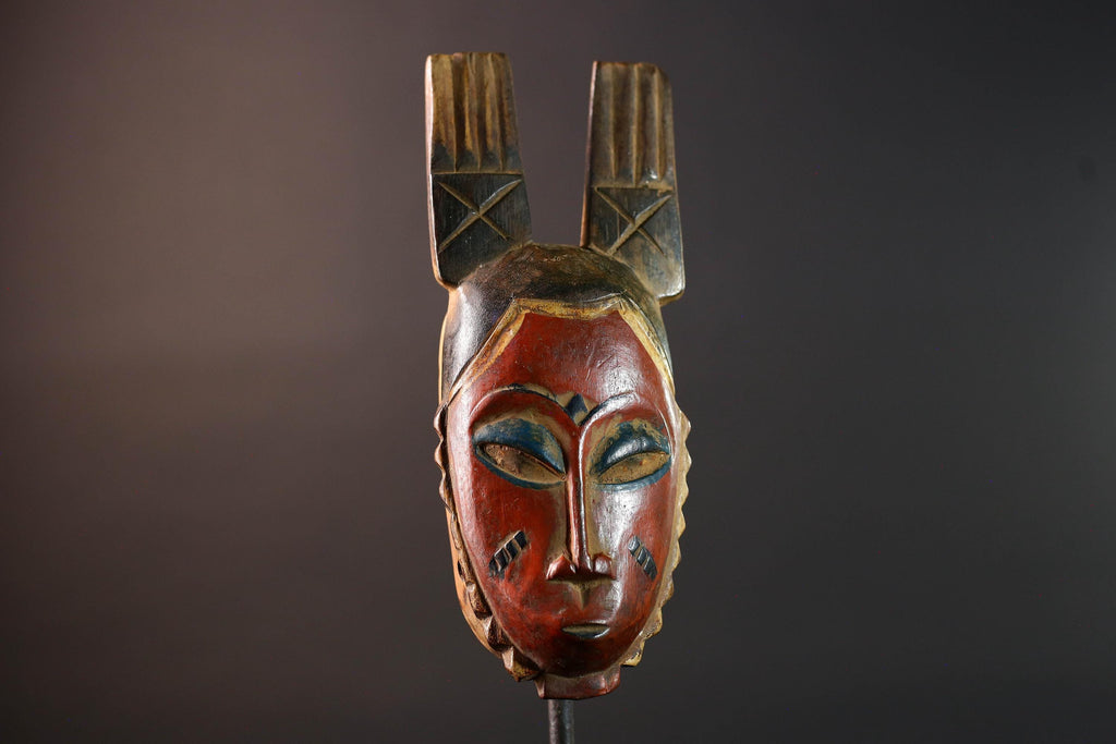 African Guro mask red tribal face wall art with twin handmade wood carving from ivory coast spiritual ethnic decor collector piece G5495