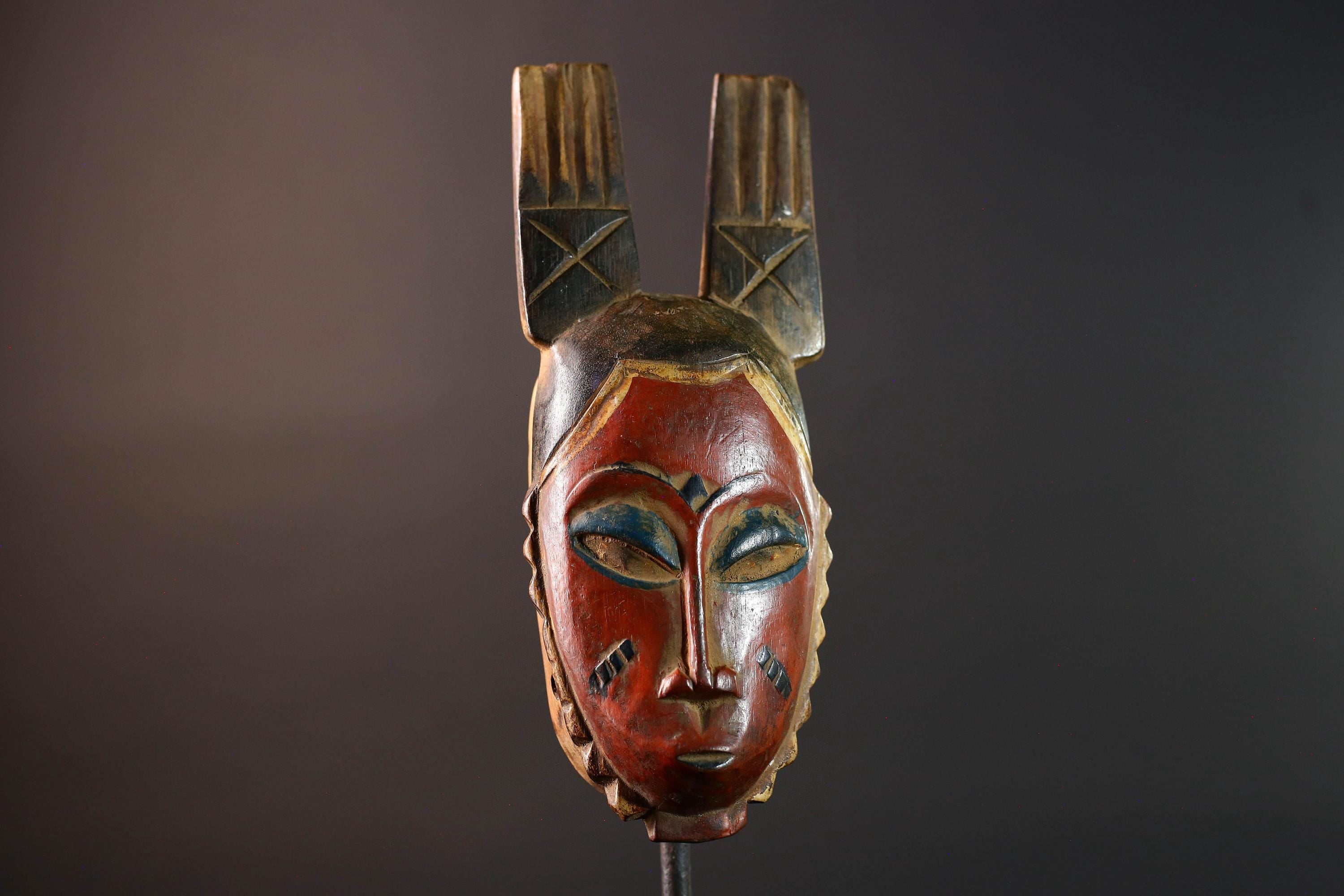 African Guro mask red tribal face wall art with twin handmade wood carving from ivory coast spiritual ethnic decor collector piece G5495