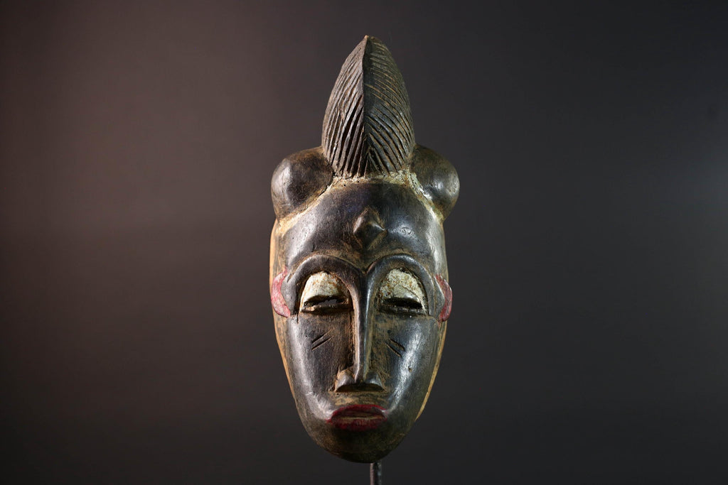 African wall decor Baule tribal mask with ridged crest heart-shaped face and fine carved detail for ancestral cultural display G5497